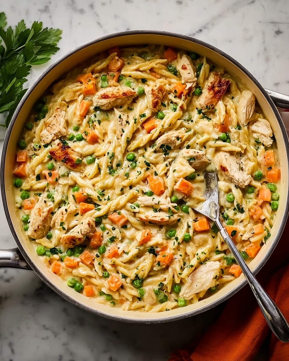 A white pan filled with creamy pasta mixed with small orange carrot cubes, green peas, and light brown grilled pieces of chicken. The pasta is light beige and soft, evenly mixed with the vegetables and chicken, and sprinkled with small green herb bits on top. A silver spoon rests inside the pan, partially submerged in the creamy mixture, and the pan sits on a white marbled surface with some green leaves on the left edge and an orange cloth on the right. photo taken with an iphone --ar 4:5 --v 7