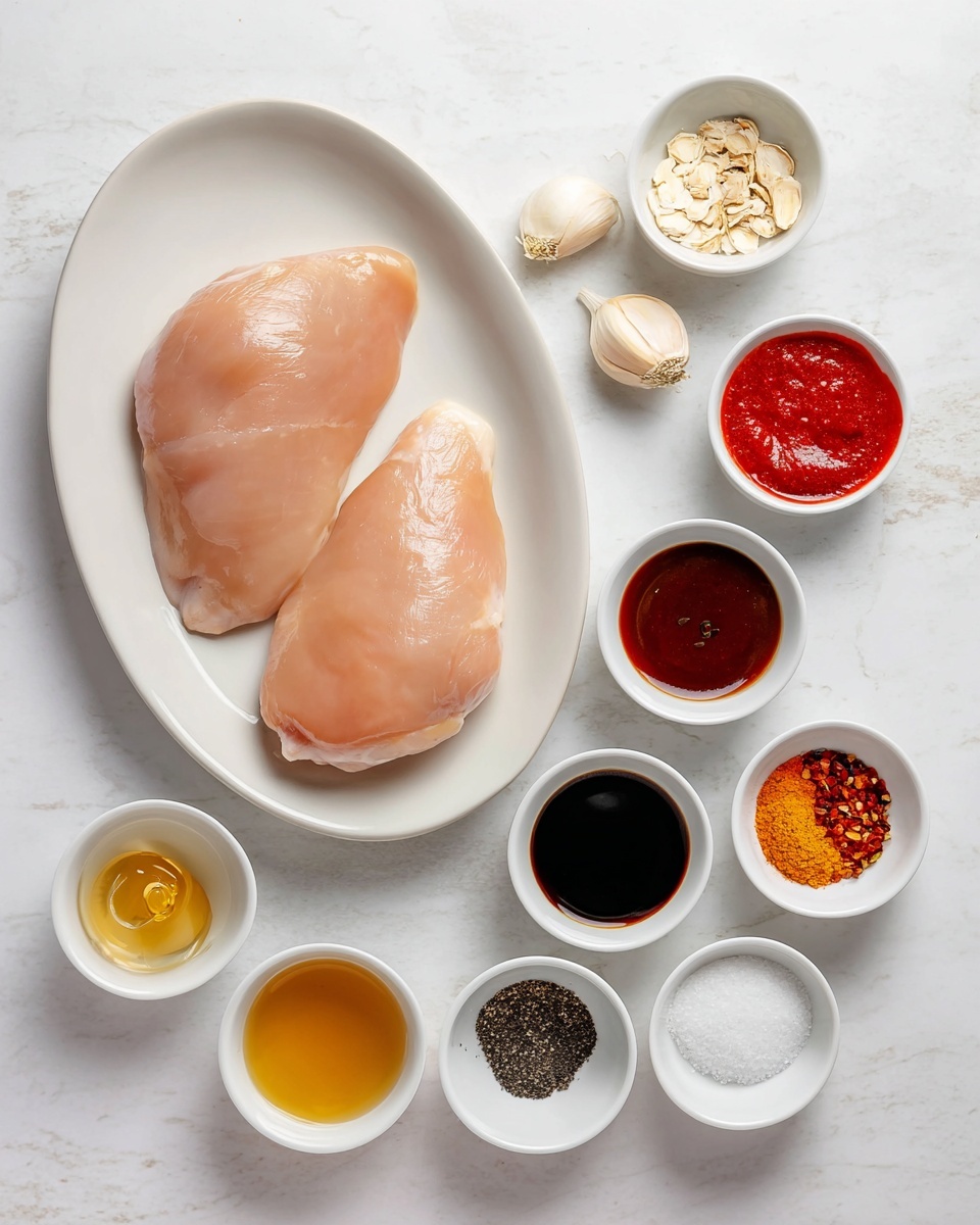 Two raw chicken pieces with a pinkish-beige color and smooth texture rest side by side on a white oval plate. Surrounding the plate are nine small white bowls, each with different ingredients: three cloves of garlic with pale tan skins, bright red tomato paste, dark brown soy sauce with a shiny surface, orange chili flakes, black pepper powder, white cornstarch powder, clear liquid vinegar, dark amber honey, and golden oil. All items are arranged neatly on a white marbled surface. photo taken with an iphone --ar 4:5 --v 7