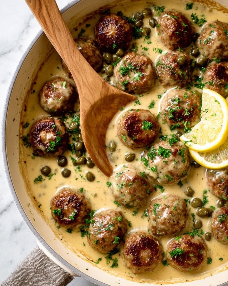 A light beige sauce fills a round white pan, with many brown meatballs floating in it, some topped with bright green chopped parsley and small green capers. Two thin lemon slices nestle on the sauce near the top right. A wooden spoon rests inside the pan on the left side, touching several meatballs and capers. The sauce has a creamy texture with specks of herbs scattered throughout. The background is a white marbled texture photo taken with an iphone --ar 4:5 --v 7