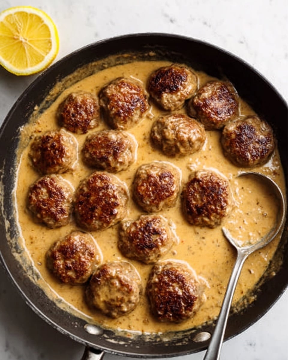 The image shows a white round plate filled with several brown meatballs mixed with small green herbs. The meatballs are arranged in a small pile in the middle of the plate. Thin yellow lemon slices are placed on top and around the meatballs. The plate is set on a white marbled surface. In the background, slightly blurry, there is a clear glass bottle with olive oil, a whole lemon, a bunch of fresh green herbs, and a red and white checkered cloth. A woman’s hand is holding a lemon slice over the plate. photo taken with an iphone --ar 4:5 --v 7
