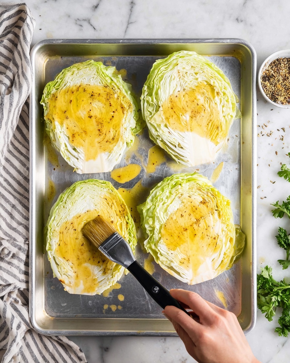A white cutting board with black edges is placed on a white marbled surface. On the cutting board, a green cabbage is positioned with a knife slicing through it vertically. Two round cross-sections of the cabbage show light green and creamy white layers with a dense, leafy texture. A woman's hand is holding the knife steady from above. Small seeds and green herbs are scattered on the marbled surface near the cutting board. Photo taken with an iphone --ar 4:5 --v 7