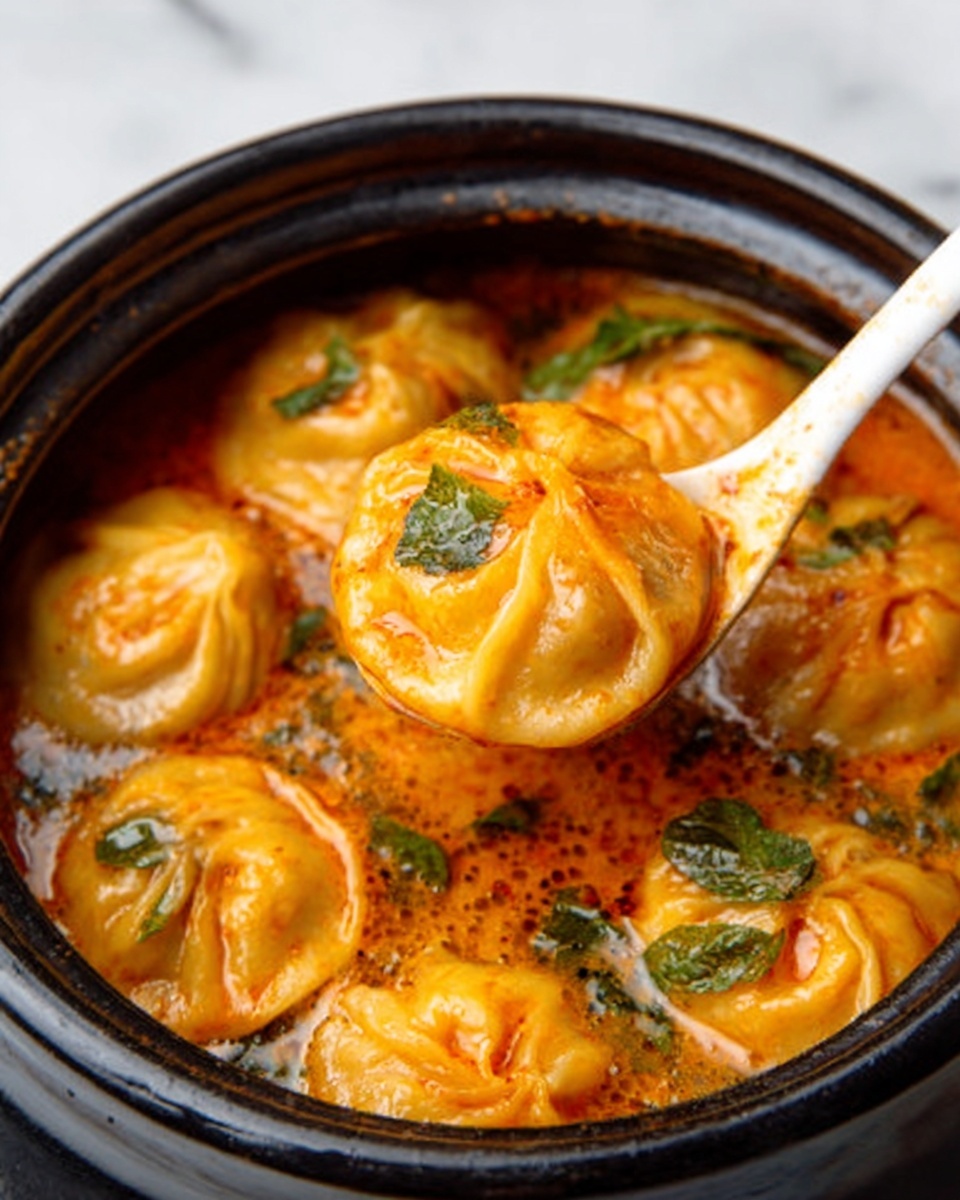 The image shows a black pot filled with round orange dumplings floating in a rich, oily sauce with some green leaves on top. A white spoon lifts one dumpling, showing its soft, textured surface and revealing the thick, orange sauce inside, which looks creamy with herbs. The dumplings have small folds on top, giving them a handmade look, and the sauce has a shiny, slightly oily surface with bubbles. The dish is set on a white marbled surface. photo taken with an iphone --ar 4:5 --v 7