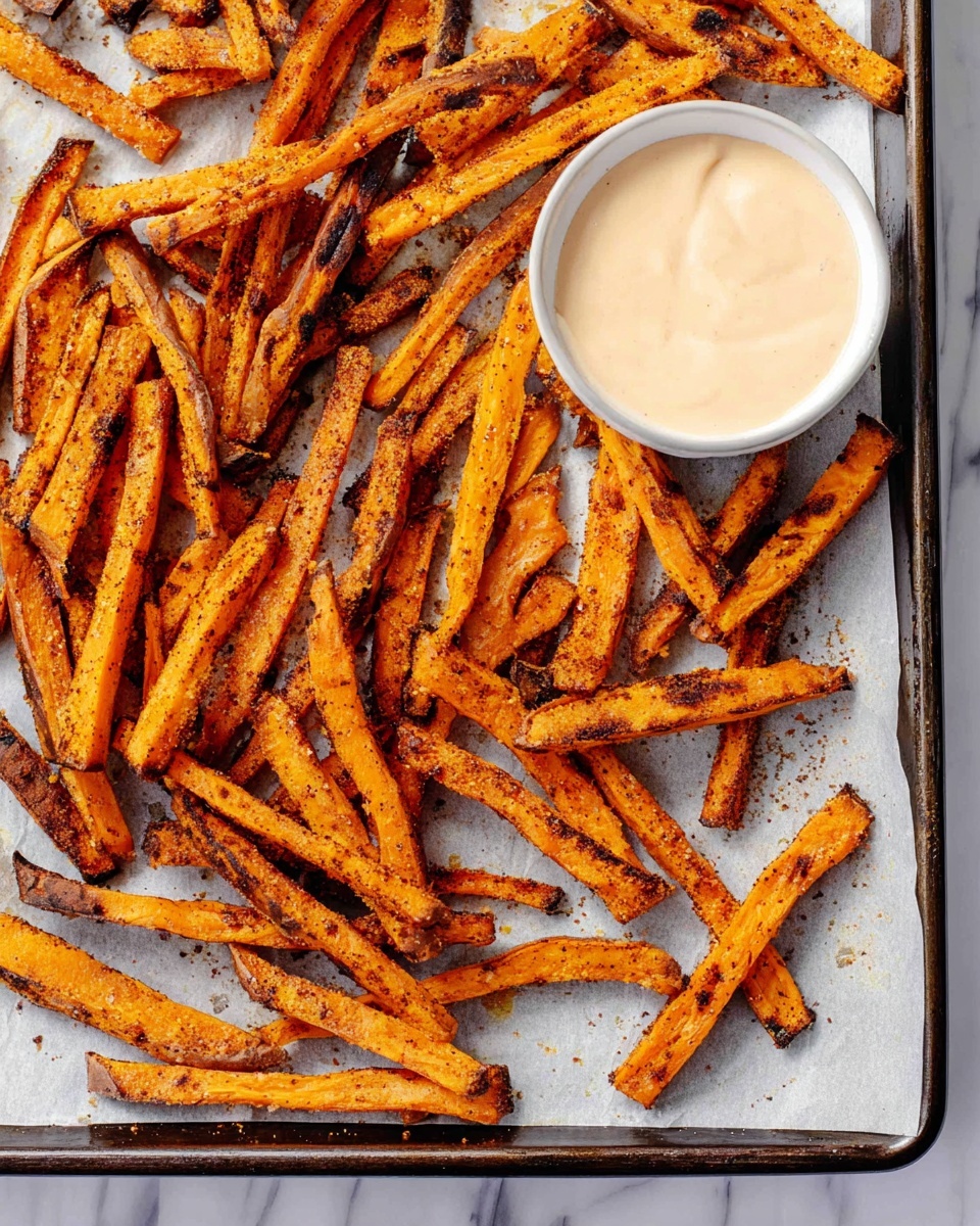 A close-up view shows a stack of crispy orange sweet potato fries with a rough texture and light charring on edges, sprinkled with coarse salt and small green herb pieces. These fries are placed in a white bowl lined with parchment paper. At the top right corner, there is a small white bowl filled with a creamy light beige sauce, also topped with small green herbs. The background is a white marbled surface. Photo taken with an iphone --ar 4:5 --v 7