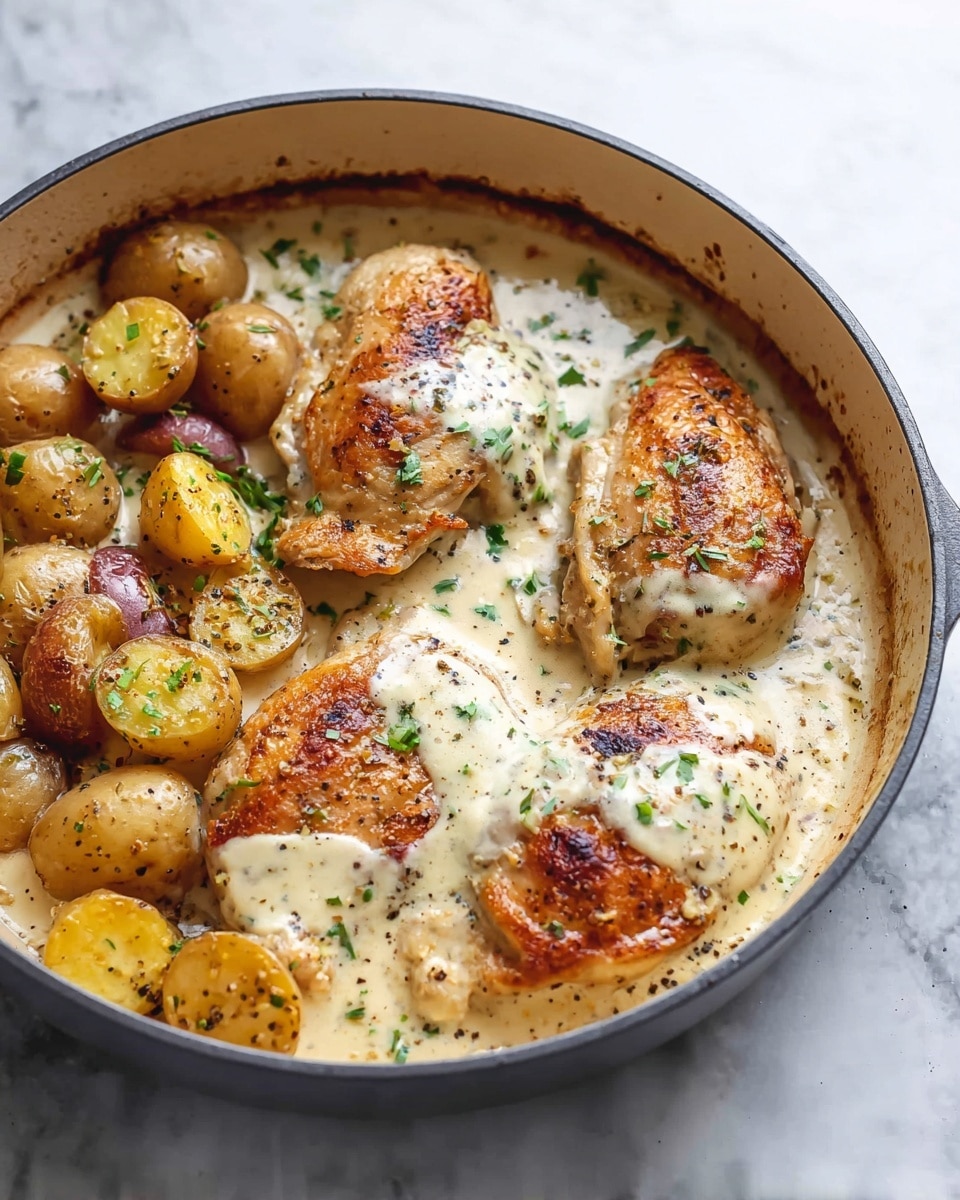 A round pan with a light cream inside holds three browned chicken pieces topped with creamy, slightly speckled white sauce and small green herb sprinkles. To the left side, golden-browned small potato halves seasoned with black pepper rest in the sauce. The pan's inner sides show slight browning from cooking. The background is a white marbled texture. Photo taken with an iphone --ar 4:5 --v 7