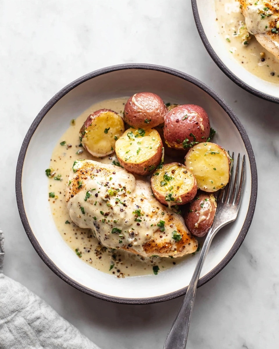 A white bowl with a dark rim holds a cooked piece of chicken covered in a creamy mustard sauce, sprinkled with small green herbs and black pepper flakes. Next to the chicken are several small round potatoes, roasted to a golden brown on some sides, also coated lightly with the creamy sauce and garnished with herbs. A silver fork rests on the edge of the bowl, placed on a white marbled surface. In the top right corner, another white bowl with a similar dish is partly visible. Photo taken with an iphone --ar 4:5 --v 7