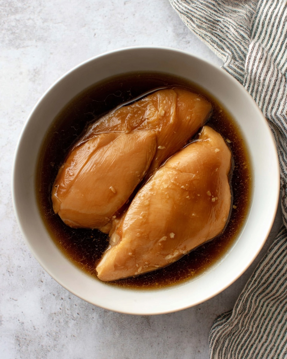 Two raw chicken pieces with a shiny light brown color are placed side by side, partially overlapping in a white bowl. The bowl is filled with a dark brown marinade sauce that surrounds and coats the chicken pieces. The bowl sits on a white marbled textured surface, with a striped cloth visible in the top left corner. The chicken pieces have a smooth but slightly wrinkled texture from the marinade photo taken with an iphone --ar 4:5 --v 7