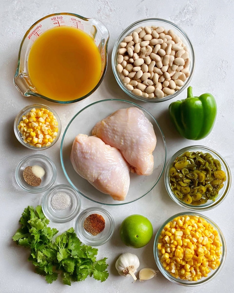 A white marbled surface holds several clear glass bowls and raw ingredients arranged neatly. At the center is a bowl with two raw chicken pieces showing a smooth, pale pink color. Surrounding it, there are two bowls with light beige beans, one bowl of bright yellow corn, and another with green chopped peppers in a liquid. A measuring cup filled with orange broth sits at the top left, alongside a whole green bell pepper to its right. Below them is a small clear bowl with various spices in shades of red, brown, and white. A whole lime sits near the bottom center, just above fresh green cilantro leaves. To the right of the cilantro, there are three garlic cloves, and a small yellow onion rests at the top right corner. The arrangement is clean and simple, with a soft natural light highlighting each ingredient clearly. Photo taken with an iphone --ar 4:5 --v 7