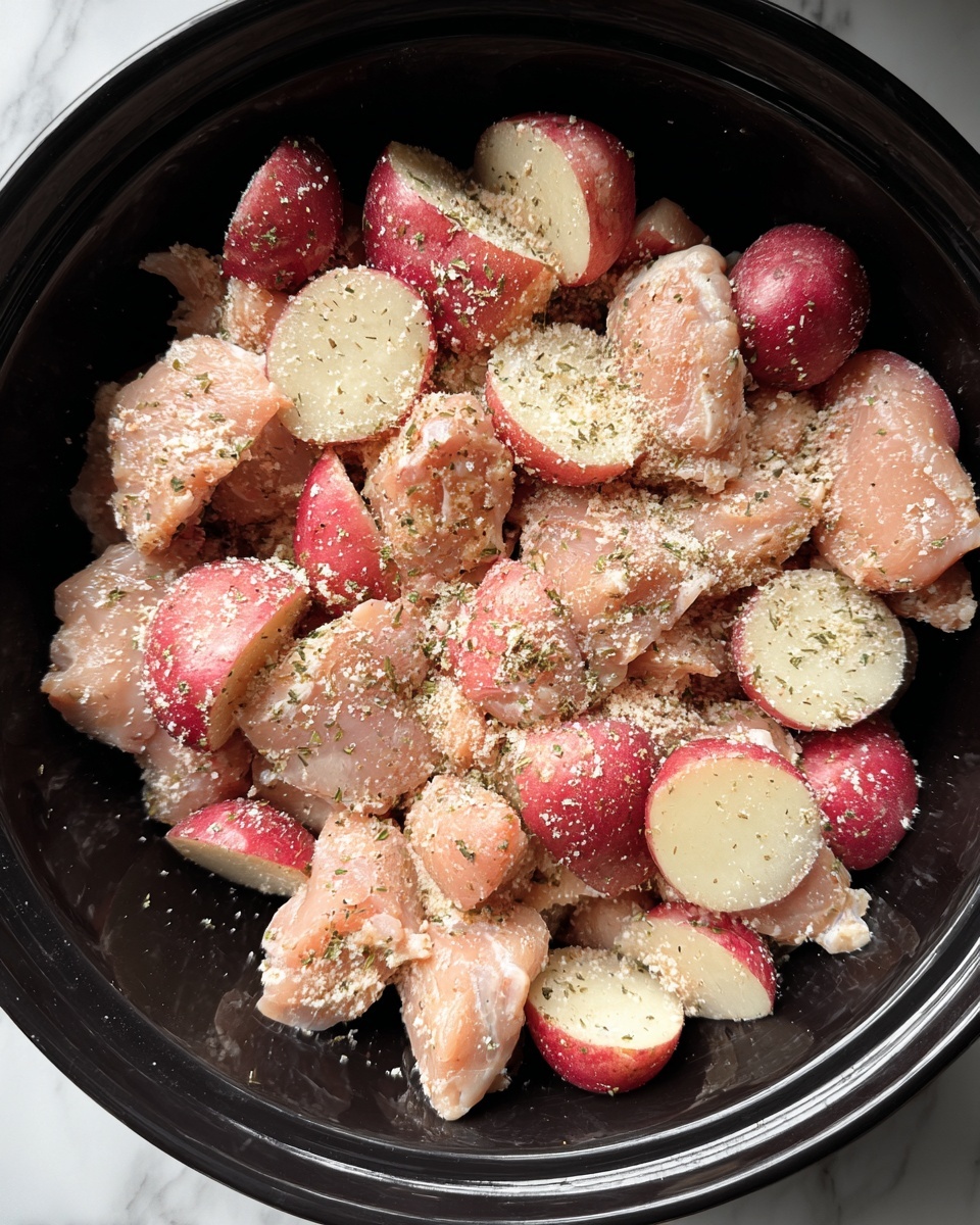 Inside a black slow cooker, there are chunks of pink raw chicken mixed with red-skinned potato pieces. The chicken and potatoes are covered with a light coating of white and greenish herbs and spices, giving them a textured, slightly grainy look. The chicken pieces are larger and softer with uneven shapes, while the potato pieces are smaller and smooth with a shiny surface. The ingredients are layered evenly in the pot with no clear separation, filling the bottom well. The photo taken with an iphone --ar 4:5 --v 7