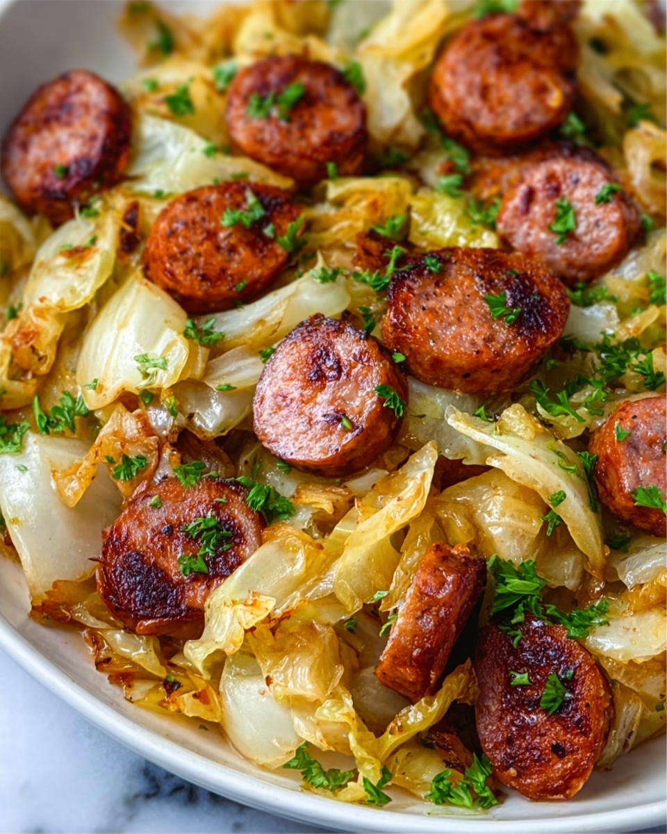 The image shows a close-up of a white plate filled with cooked sausage slices and cabbage. The sausage slices are round with a browned and slightly crispy outside, placed on top and around the pale, tender cabbage pieces which have some golden-brown edges from cooking. Small bits of fresh green parsley are sprinkled over the top, adding a touch of color. The dish looks warm and hearty, with the sausage pieces having a rich reddish-brown color and the cabbage layers soft and light. The background is a white marbled surface. photo taken with an iphone --ar 4:5 --v 7
