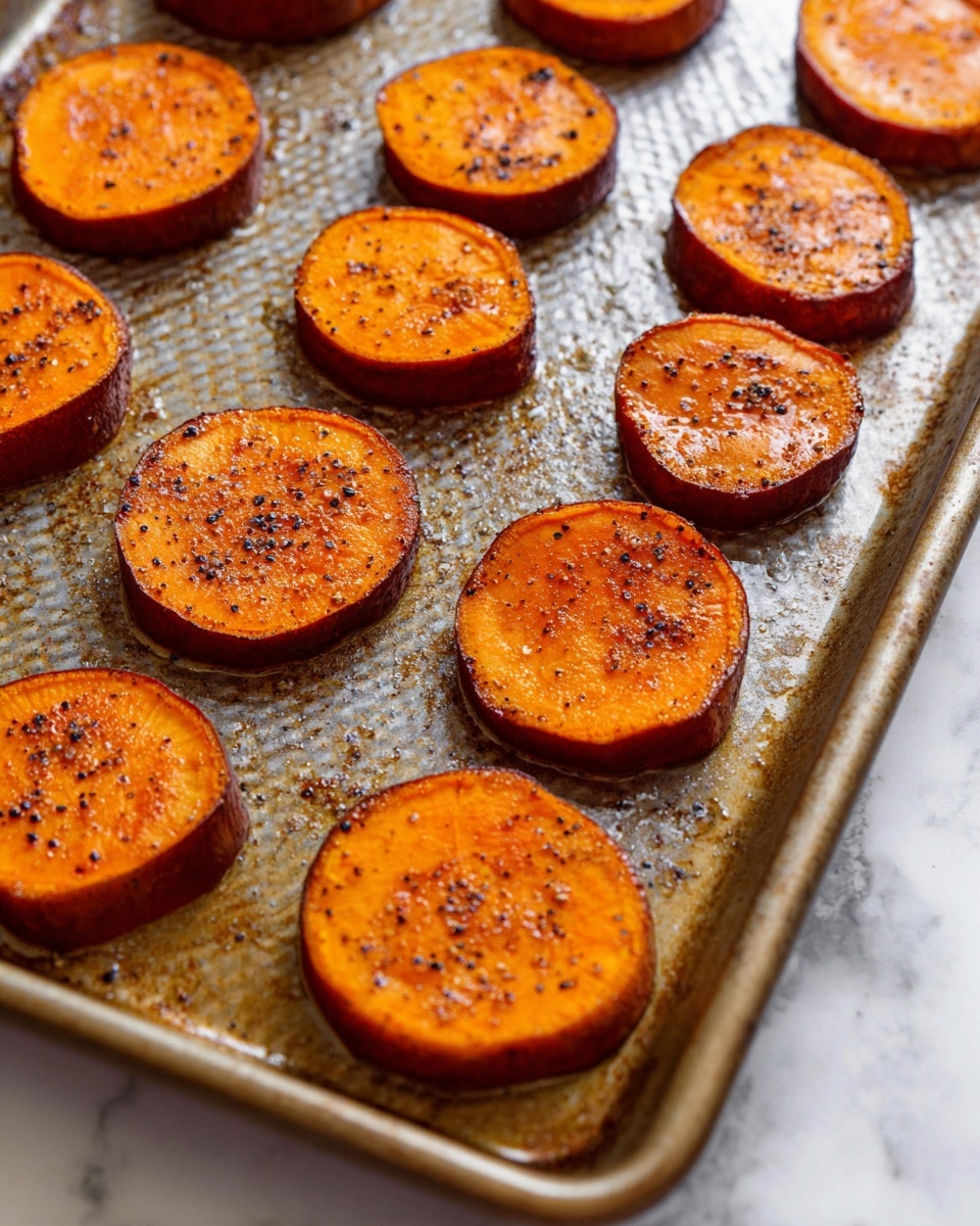 The image shows a baking tray with about twelve round slices of roasted sweet potato. Each slice is thick, with bright orange flesh on top and a darker brown-orange skin around the edge. The sweet potato slices glisten with oil and have small specks of black pepper and seasoning visible on the surface. The tray itself is metal, with a textured pattern and slight oil stains. The photo is taken on a white marbled surface. photo taken with an iphone --ar 4:5 --v 7