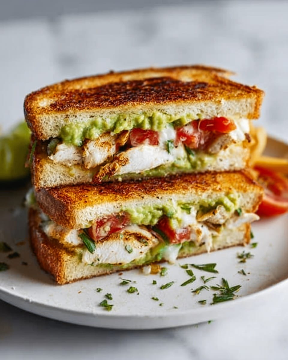 The image shows a sandwich cut in half and stacked on a white plate on a white marbled surface. The sandwich has three layers of golden toasted bread with a crispy texture. Between the bread layers, there are visible fillings: a creamy green avocado spread with small chunks, red tomato slices, and white grilled chicken pieces with some brown grill marks. Small pieces of green herbs are sprinkled around the plate. photo taken with an iphone --ar 4:5 --v 7