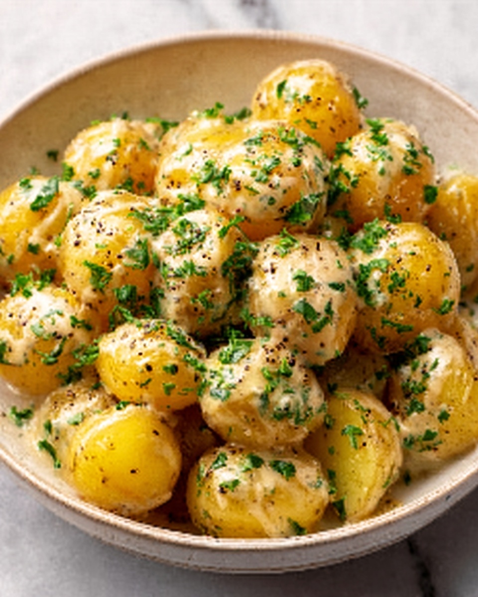 The image shows a white bowl filled with small yellow potatoes covered in a creamy white sauce. The potatoes are whole and have a smooth texture, with the sauce clinging to their surface. On top, there is a sprinkling of finely chopped green herbs, adding contrast and freshness. The lighting highlights the shine on the sauce and the texture of the potatoes. The bowl is placed on a white marbled surface. Photo taken with an iphone --ar 4:5 --v 7