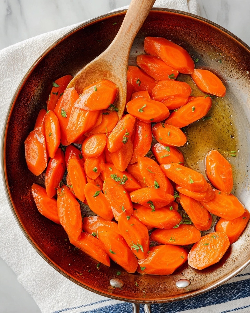 The image shows a frying pan filled with bright orange cooked carrot slices, each slice cut at a slant and coated lightly with oil, giving them a shiny texture. Small green herb pieces are sprinkled unevenly on the carrots, adding a touch of color contrast. A wooden spoon with a light brown handle rests inside the pan, lifting some carrot pieces. The pan itself has a worn, darkened edge with a metallic inside. Underneath the pan is a white cloth with blue stripes, set on a white marbled surface. photo taken with an iphone --ar 4:5 --v 7