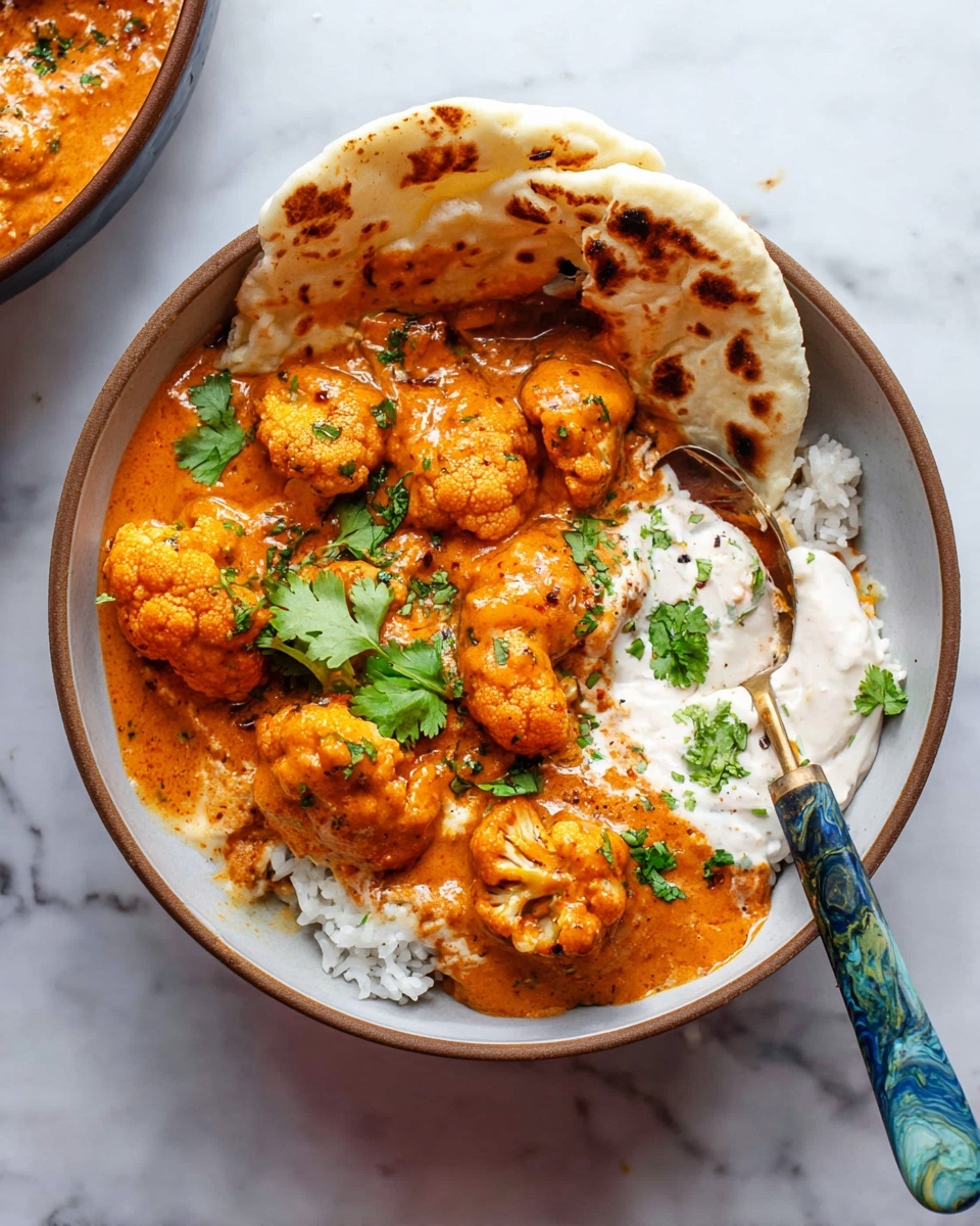 A round white bowl filled with a base layer of white rice, topped with several pieces of orange-colored cooked cauliflower covered in a thick orange sauce. On one side, a dollop of white creamy sauce is visible, blending slightly into the orange sauce. Two pieces of folded flatbread with a browned, toasted surface are placed leaning against the side of the bowl, partially resting in the sauce. Bright green coriander leaves are scattered on top as garnish. A spoon with a blue and green marbled handle is placed inside the bowl on the right side. The bowl sits on a white marbled surface. Photo taken with an iphone --ar 4:5 --v 7