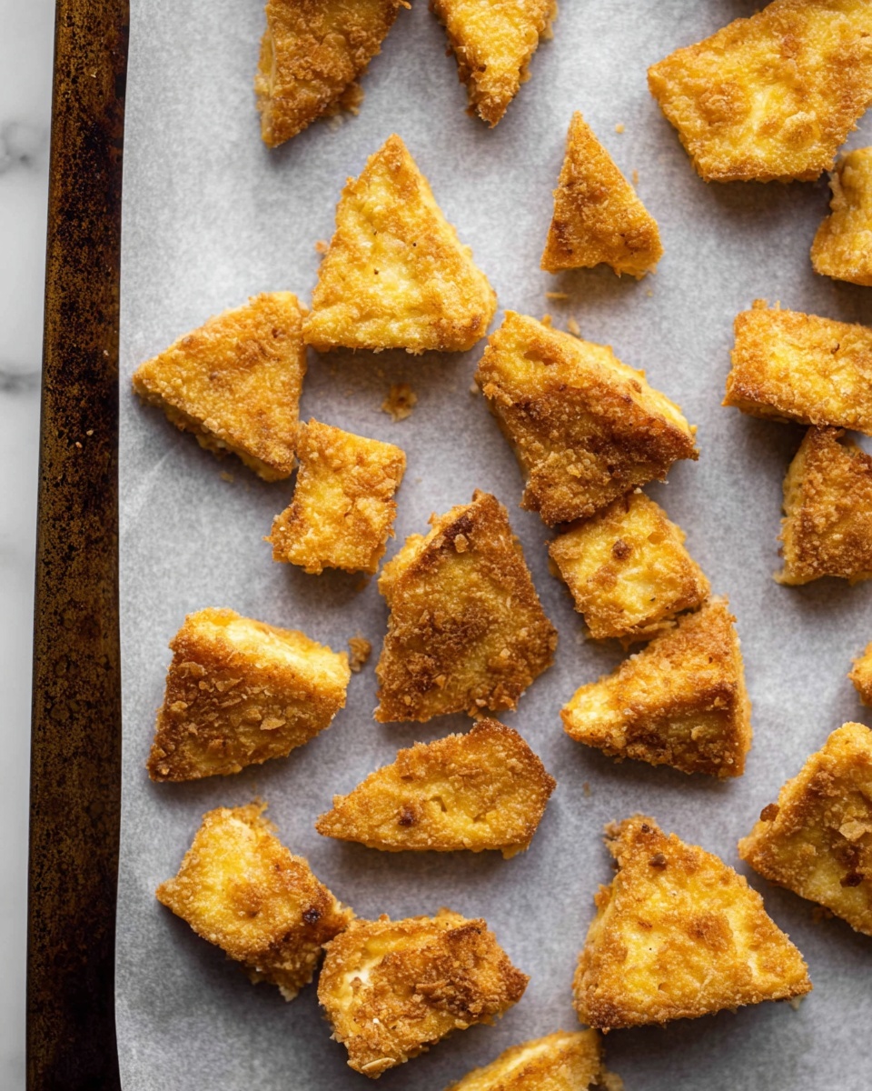 This image shows several small, irregular pieces of golden brown fried tofu spread out over one layer of grey parchment paper on a dark baking tray, with a worn, slightly rusty border around the edges. The tofu pieces have a crunchy texture and vary in size and shape, some larger triangular chunks, others smaller square or rounded pieces. The lighting is soft and natural, highlighting the crispy surface and light crumbly coating of the tofu, all set against a white marbled background. photo taken with an iphone --ar 4:5 --v 7