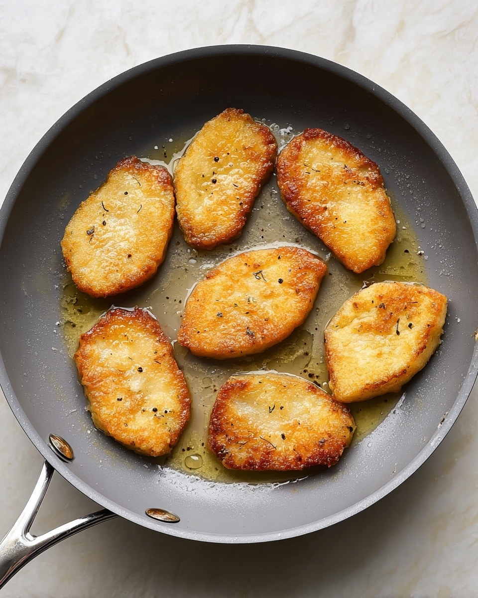 A gray frying pan with a shiny silver handle holds seven pieces of golden-brown fried food. Each piece is oval-shaped with a light, crispy texture, showing some uneven browning and small black pepper specks. The pieces are arranged in a loose circle, sitting in a thin layer of oil that glistens under the light. The frying pan sits on a white marbled surface. photo taken with an iphone --ar 4:5 --v 7
