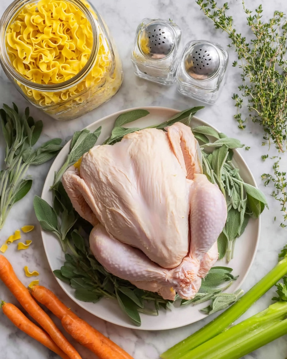 A whole raw chicken placed in the center of a white plate, surrounded by fresh green sage leaves and thyme sprigs beneath and around it. On the left side, there is a glass jar filled with bright yellow dry egg noodles, with some spilling out onto the surface. Below the jar, there are fresh whole celery stalks and two whole carrots, both vibrant in color. Above the plate, clear glass salt and pepper shakers sit next to some fresh herbs scattered on a white marbled surface, creating a fresh and natural cooking scene. Photo taken with an iphone --ar 4:5 --v 7