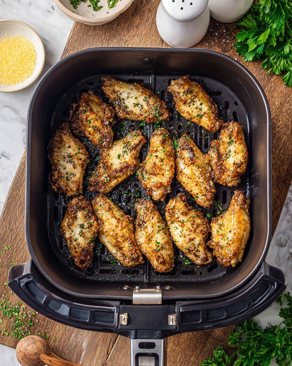 Inside a square air fryer basket, there are sixteen pieces of golden-brown chicken wings arranged in a single layer, with some spaced closely and others a bit apart. Each wing has a crispy, textured coating speckled with tiny black and white bits, sprinkled lightly with chopped green herbs and small white granules. The air fryer basket is black with evenly spaced holes in the base, sitting on a wooden table. Around the basket, there are small bunches of fresh green parsley, a white salt shaker, and a small white bowl with yellow powder, all placed on the white marbled texture surface. Photo taken with an iphone --ar 4:5 --v 7