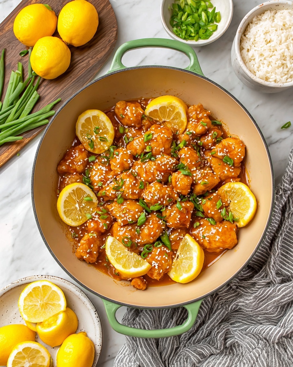 A large beige pan with a green handle holds a dish of small golden-brown chicken pieces, covered in a shiny orange sauce. The chicken is topped with chopped green onions and white sesame seeds, and decorated with lemon slices placed around the edges and center. The pan sits on a white marbled surface, with whole lemons and lemon wedges on a small round white plate nearby. There are fresh green onions and a bowl of white rice on the top right side, and a gray and white striped cloth is laid out on the left side. Photo taken with an iphone --ar 4:5 --v 7