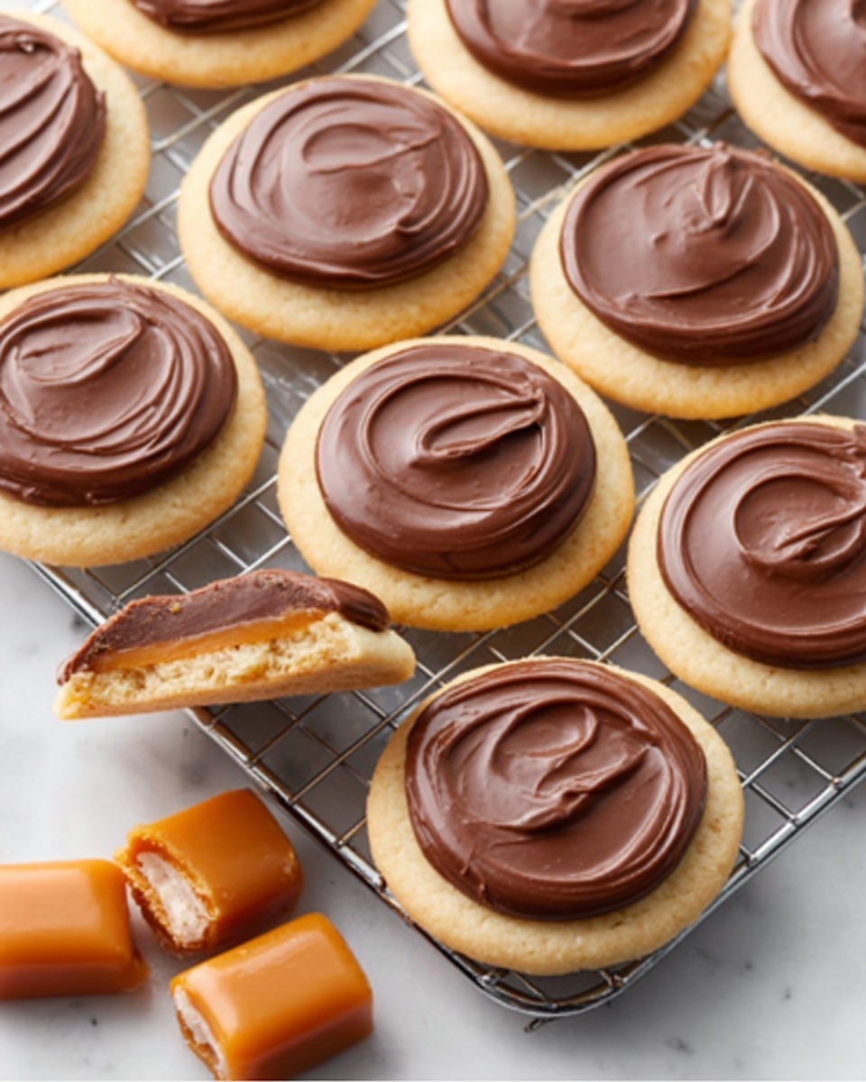 The image shows a group of round cookies arranged on a wire rack over a white marbled surface. Each cookie has two clear layers: the bottom layer is a light golden brown cookie, and the top layer is a thick, smooth, and glossy swirl of dark milk chocolate spread evenly on the cookie. The chocolate layer has a soft texture with gentle swirls visible on each cookie's surface. In the lower left corner, a woman’s hand is holding one partially eaten chocolate-covered cookie, showing the crisp cookie inside. Some caramel candies are scattered nearby with smooth surfaces. The overall colors are warm with the rich brown chocolate contrasting against the light cookie and white marbled background. photo taken with an iphone --ar 4:5 --v 7