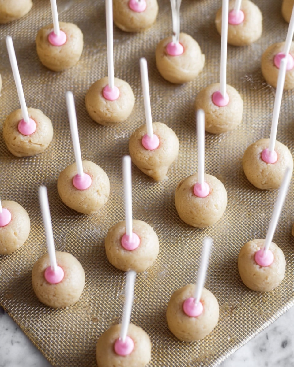 The image shows a baking sheet covered with many round cookie dough balls, each one topped with a small, flat pink candy circle in the center. A white lollipop stick is inserted vertically through the candy and dough of each ball, making the balls look like cake pops before baking. The cookie dough balls have a pale beige color with a slightly cracked texture on the surface. The baking sheet has a textured metal surface, and the whole scene is placed on a white marbled surface. photo taken with an iphone --ar 4:5 --v 7