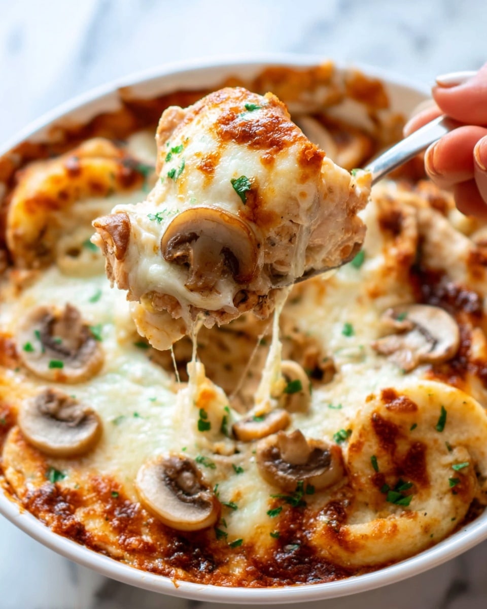 A white baking dish filled with cooked tortellini pasta covered in melted cheese that is light golden and bubbly on top. Pieces of ground meat mixed in a red tomato sauce are spread evenly beneath the cheese layer. Green chopped herbs are sprinkled on top for color. A wooden spoon held by a woman's hand is scooping some tortellini from the corner of the dish. The dish is placed on a white marbled surface. Photo taken with an iphone --ar 4:5 --v 7