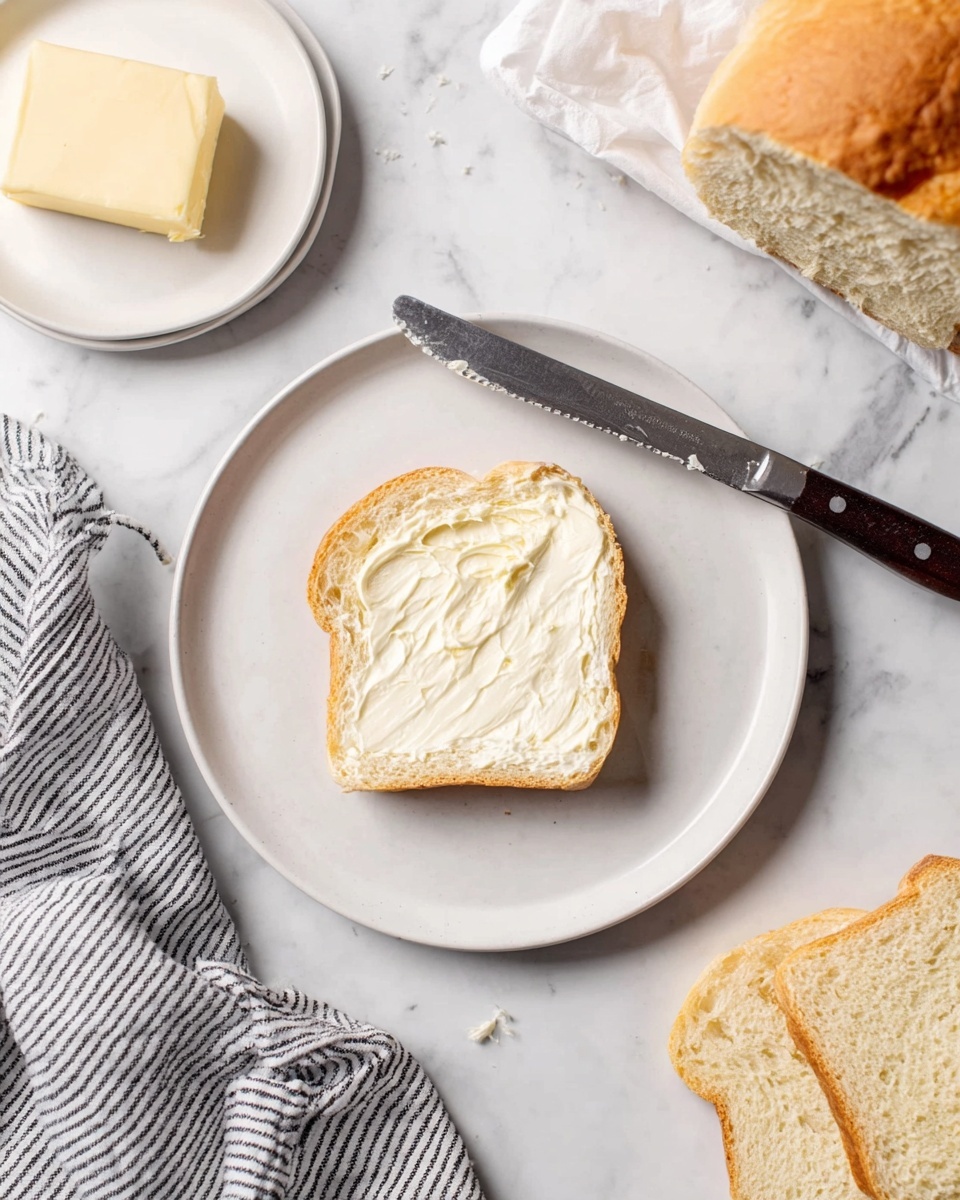 The image shows a white plate on a white marbled surface with a single slice of bread in the middle. The bread has a creamy spread evenly covering its surface with a smooth texture and light off-white color. To the top left of the plate, there is a small white plate with a slab of pale yellow butter. Near the top right, there is a sliced loaf of bread with soft white texture and light golden brown crust. A knife with a silver blade and a dark brown handle lies diagonally on the white plate, its tip pointing towards the bottom left. Near the bottom left corner, a woman's hand rests on a gray and white striped cloth. Photo taken with an iphone --ar 4:5 --v 7