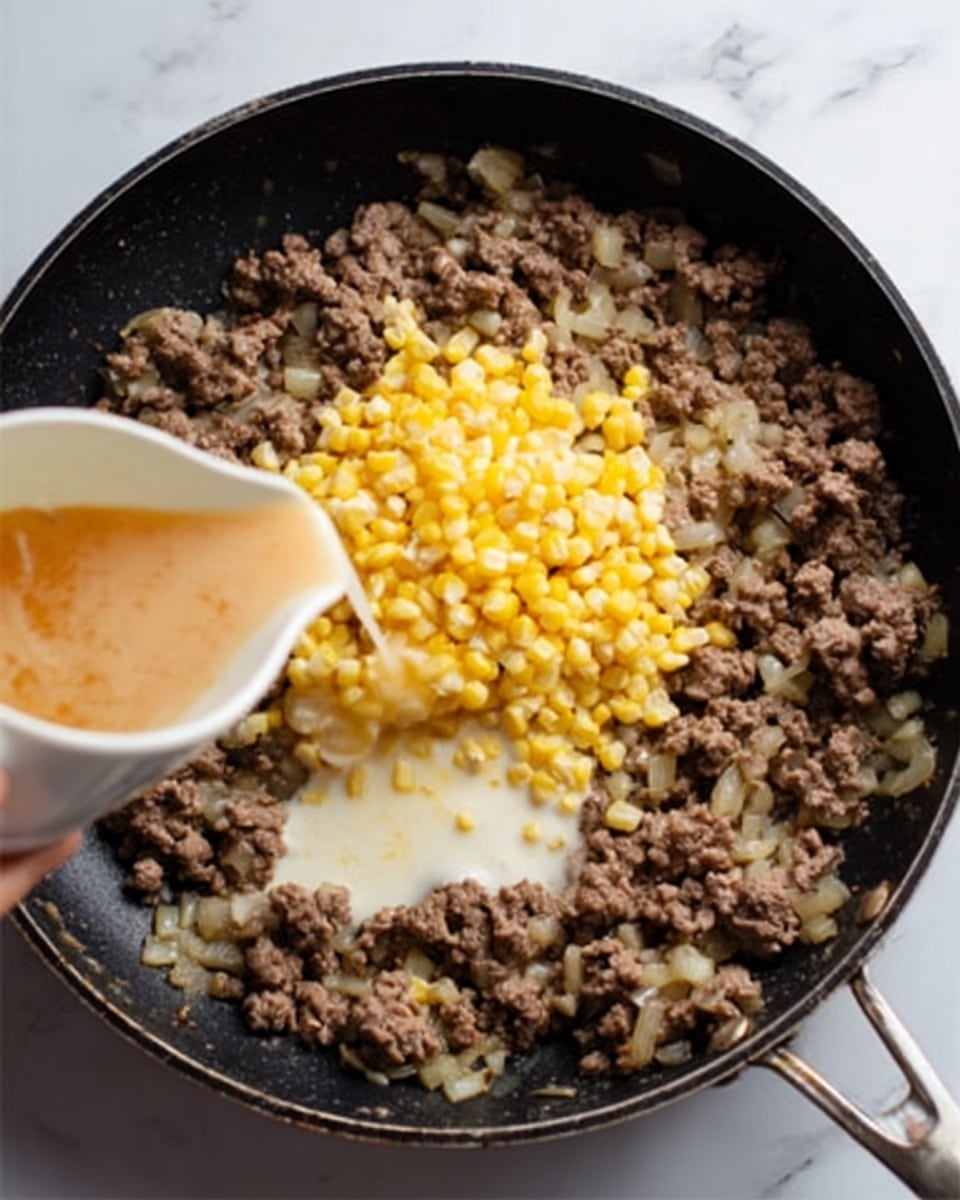 In a black frying pan on a white marbled surface, there is a cooked mixture of ground meat and small yellow onion pieces. In the middle of the pan, there is a mound of light yellow corn kernels on top of a small amount of white creamy sauce. A light brown liquid is being poured into the pan from a white vessel held by a woman's hand. The scene shows a close-up view focusing on the speckled meat, onions, corn, cream, and liquid in the skillet. Photo taken with an iphone --ar 4:5 --v 7