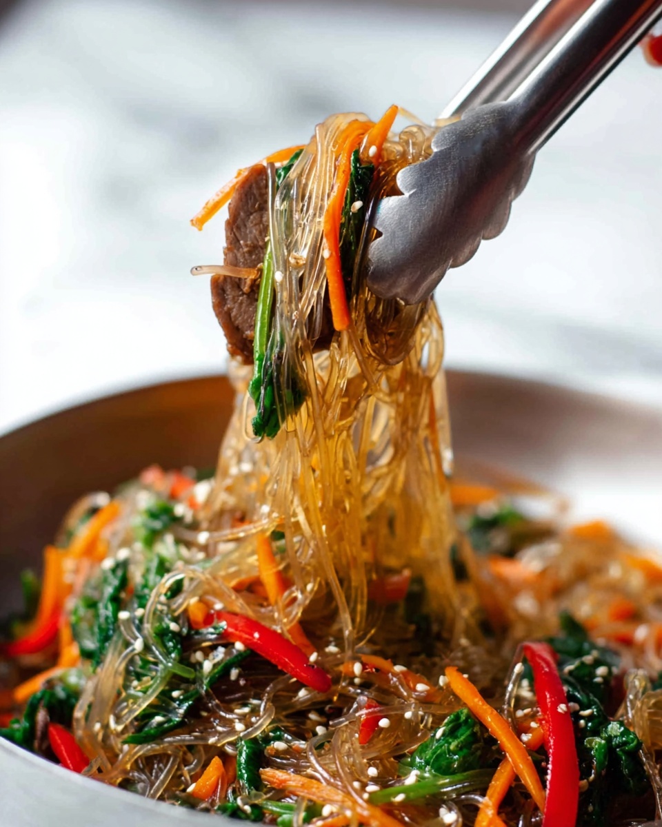 Japchae - Korean Noodles Recipe 4 A close-up of clear glass noodles lifted with metal tongs, showing their glossy, slightly translucent texture. Mixed in with the noodles are thin orange carrot strips, bright green leafy vegetables, and red pepper slices, all sprinkled with small white sesame seeds. There is also a piece of cooked brown meat held by the tongs with the noodles. The background is slightly blurred with a white marbled surface visible underneath. A woman's hand holds the tongs to lift the noodles. photo taken with an iphone --ar 4:5 --v 7