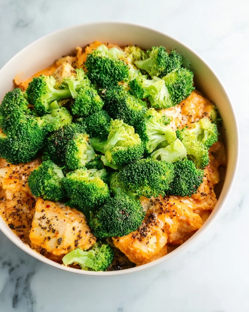 Chinese Chicken and Broccoli Stir-Fry Recipe 4 A white bowl filled with a cooked dish showing two main layers: the bottom layer is light orange, smooth cooked food with a few black pepper sprinkles, and the top layer is bright green broccoli florets scattered all over the surface, creating a fresh contrast with the orange base. The bowl sits on a white marbled surface, and the lighting highlights the texture and colors clearly. photo taken with an iphone --ar 4:5 --v 7