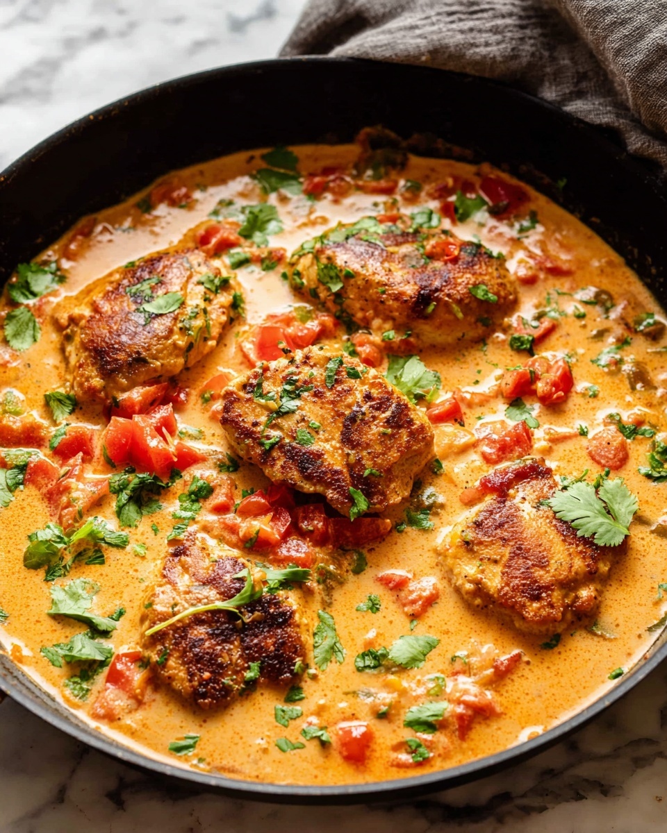 The image shows a black frying pan filled with a creamy orange sauce with chunks of red tomatoes and green herbs scattered throughout. Inside the sauce, there are five browned, cooked chicken pieces that have a slightly crispy texture. The sauce looks rich and smooth, covering the chicken partially and pooling in the spaces between. Green leafy herbs like cilantro or parsley are sprinkled on top, adding a fresh touch. The pan sits on a white marbled surface with a blurred gray cloth in the background. photo taken with an iphone --ar 4:5 --v 7