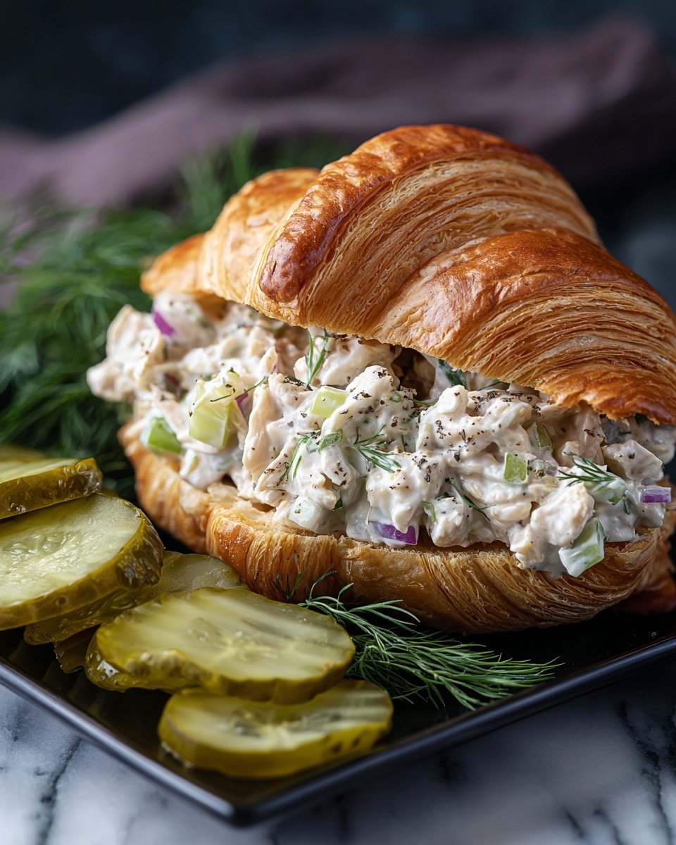 A shiny, golden brown croissant, flaky and layered, is sliced open to hold a thick filling made of creamy chicken salad. The salad is mixed with white dressing and contains pale yellow pineapple chunks, light green celery pieces, and small purple onion cubes. A few black pepper specks are sprinkled on the salad, and a small sprig of green dill rests on top. The croissant sits on a smooth, white marbled surface placed on a white plate. Photo taken with an iphone --ar 4:5 --v 7