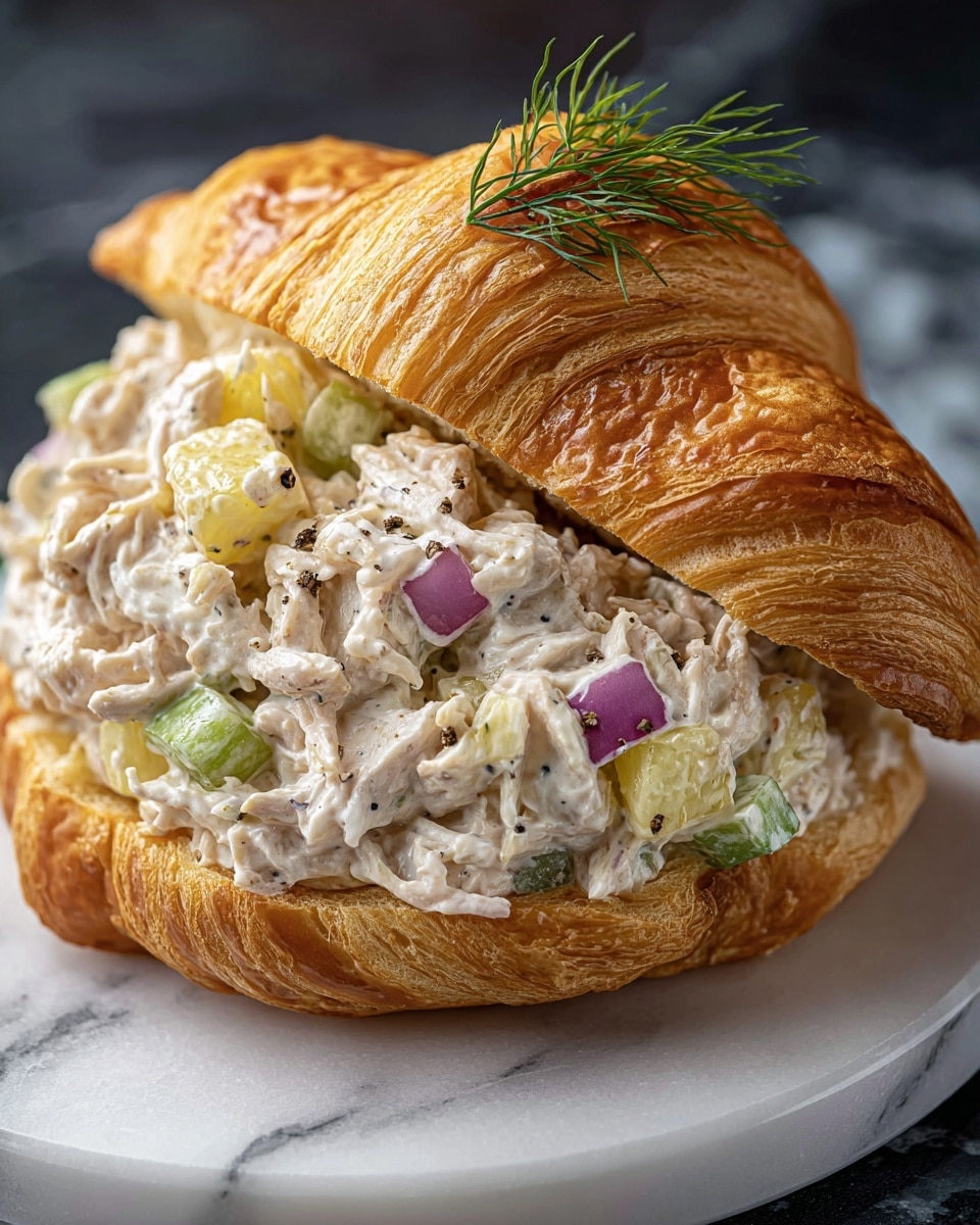 A flaky, golden brown croissant is cut in half and filled generously with a creamy chicken salad containing small pieces of white chicken, diced green celery, and purple onion bits, all mixed in a white mayo dressing with sprinkled black pepper and fresh green dill on top. The croissant sandwich sits on a black square plate with three slices of shiny green pickles on the side and a small bunch of fresh dill next to it, all placed on a white marbled surface. photo taken with an iphone --ar 4:5 --v 7