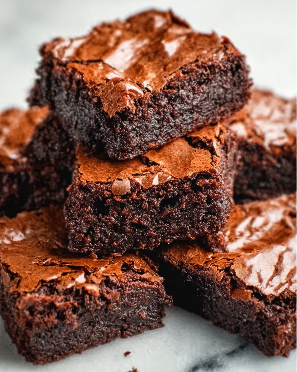 The image shows a close-up of several thick, chocolate brownies stacked on top of each other on a white marbled surface. The brownies have a shiny, cracked top layer with a rich, dark brown color. Inside, the texture looks dense and moist with a slightly lighter brown color. The edges are firm and crisp, while the center appears soft and fudgy. The brownies are cut into square shapes and are piled unevenly, creating depth and layers in the image. photo taken with an iphone --ar 4:5 --v 7