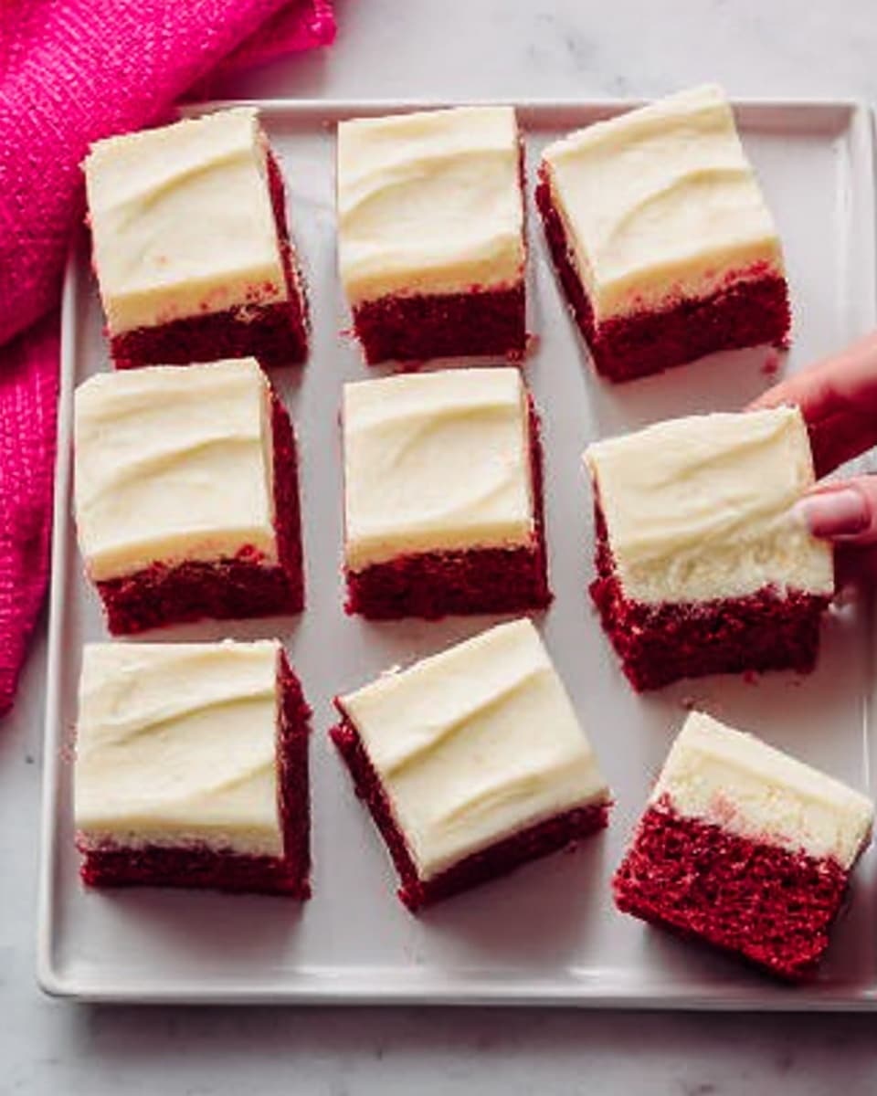The image shows nine square pieces of red velvet cake arranged in three rows on a white rectangular plate. Each cake piece has two layers: a thick, deep red bottom layer with a soft texture, and a thick, smooth white cream cheese frosting layer on top. The frosting on each piece is evenly spread with a slight creamy shine. One piece shows a woman’s hand reaching for it from the side. The background is a white marbled surface and a bright pink cloth is partly visible on the left side of the image. Photo taken with an iphone --ar 4:5 --v 7