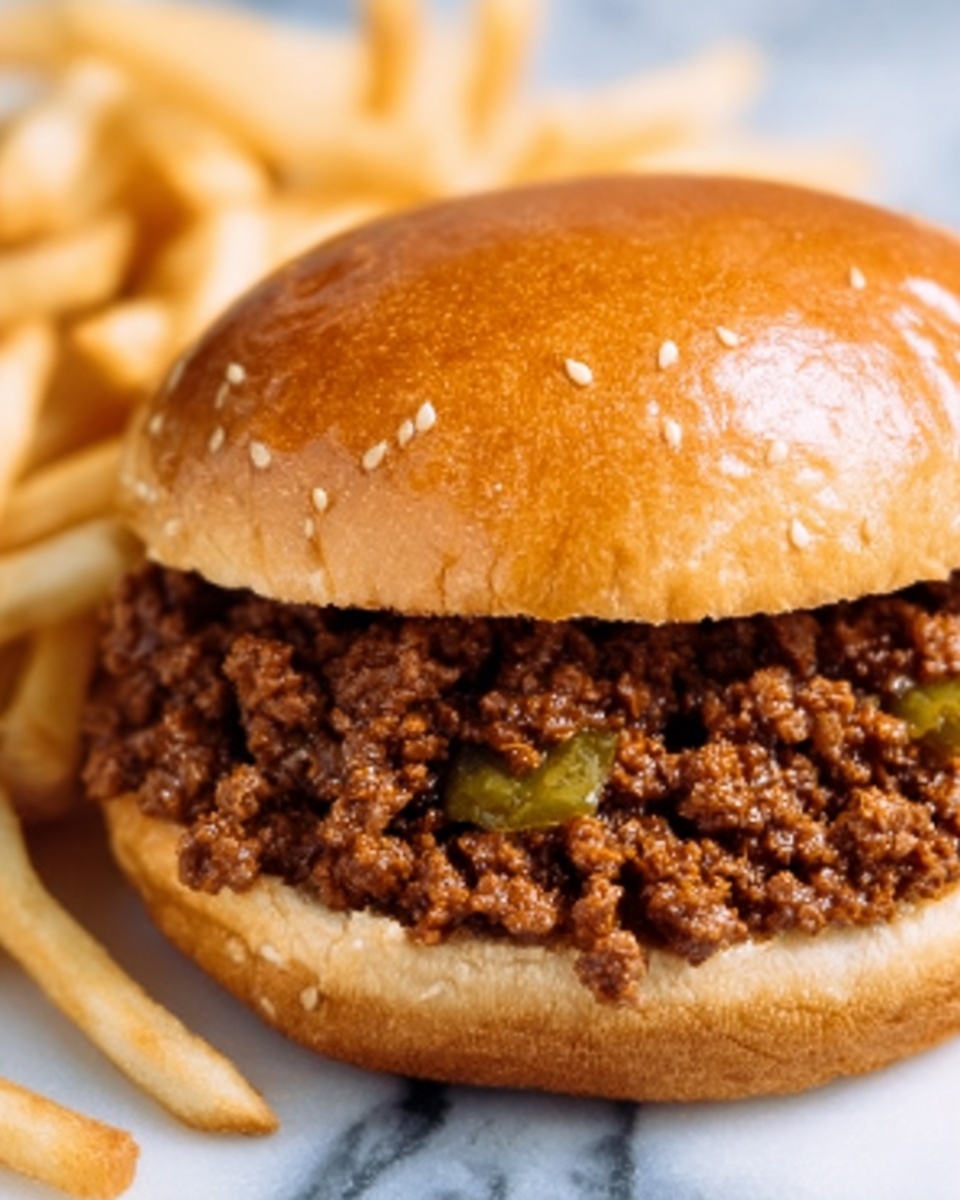 A sandwich is shown with a shiny, light brown sesame seed bun on top and bottom. Inside, there is a thick layer of crumbly, cooked ground meat mixed with small bits of green pickles, filling the entire bottom bun. The sandwich is placed on a white marbled surface, with a blurry bunch of golden French fries in the background to the left. The colors are warm and natural, showing texture in the meat and shine on the bun. Photo taken with an iphone --ar 4:5 --v 7