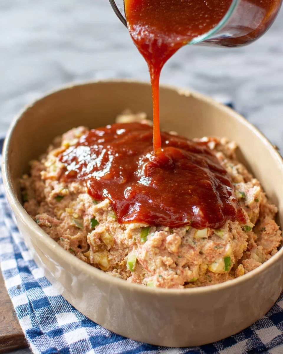 A close-up image shows thick red sauce being poured over a chunky mixture in a beige bread pan. The mixture in the pan has a rough texture with visible small white and green pieces scattered throughout the light pinkish base. The sauce is a smooth, rich reddish-brown and is draped over the center of the mixture. The pan is set on a blue and white checkered cloth resting on a white marbled surface. Photo taken with an iphone --ar 4:5 --v 7
