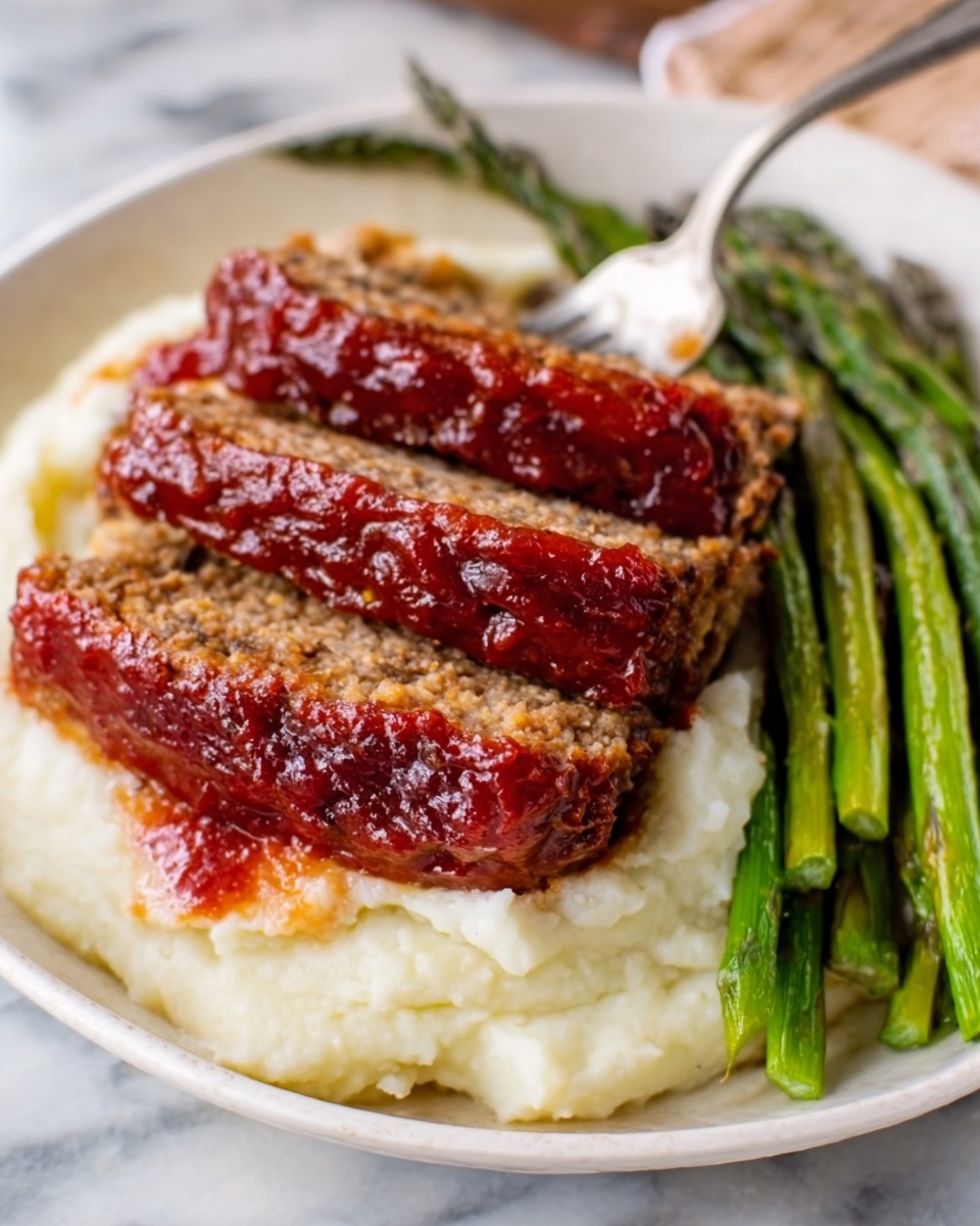 The image shows a white plate with three thick, golden brown meatloaf slices stacked slightly on top of each other, covered with a shiny red glaze. These meatloaf slices rest on a smooth, creamy bed of pale mashed potatoes that fill the lower part of the plate. To the right side, there is a neat bunch of bright green cooked asparagus spears, adding a fresh contrast. The plate sits on a white marbled surface, and a woman's hand holding a silver fork is reaching in from the left side. Photo taken with an iphone --ar 4:5 --v 7