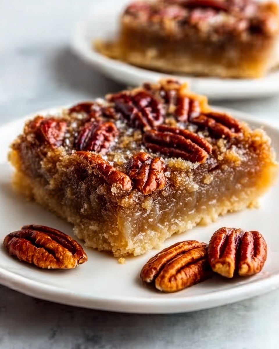 A piece of pecan pie square is placed on a white plate with a crumbly golden brown base layer, followed by a thick light brown filling layer that looks soft and sticky. On top, a layer of whole toasted pecans, rich brown and textured with ridges, covers the surface evenly. Two additional pecan halves lie beside the pie piece on the plate. The plate sits on a white marbled surface. photo taken with an iphone --ar 4:5 --v 7