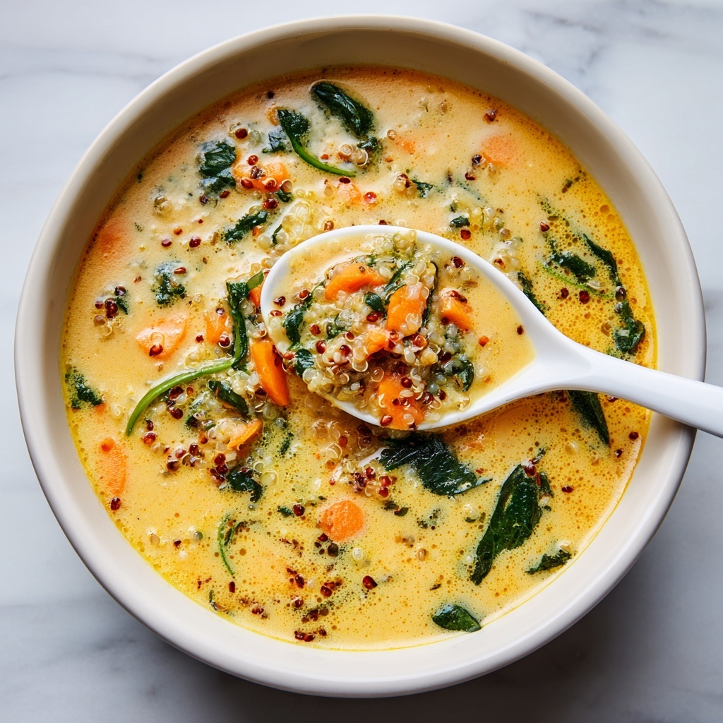 A white bowl filled with a thick, creamy orange soup with visible small pieces of orange carrot, green spinach leaves, and grains such as barley or rice floating throughout. A white spoon is lifting up a scoop of the soup showing the chunky mix of vegetables and grains in the rich, smooth broth. The soup has a slightly textured surface with some herbs scattered inside. The bowl is set on a white marbled surface. Photo taken with an iphone --ar 4:5 --v 7