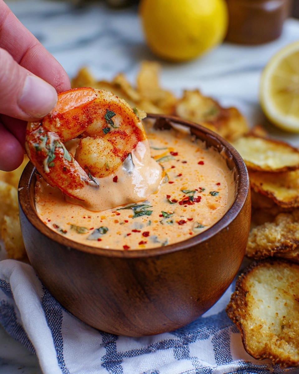 A close-up image shows a wooden bowl filled with creamy orange sauce that has visible herbs and red spice flakes mixed in. A cooked shrimp with a pink and white body, speckled with green herbs and red bits, is being dipped into the sauce by a person's fingers. Around the bowl, there are golden, crispy potato chips scattered on a white and blue striped cloth. A bright yellow lemon is blurred in the background, sitting beside some fried snacks. The scene is set on a white marbled surface, and the colors of the food are warm and inviting. photo taken with an iphone --ar 4:5 --v 7