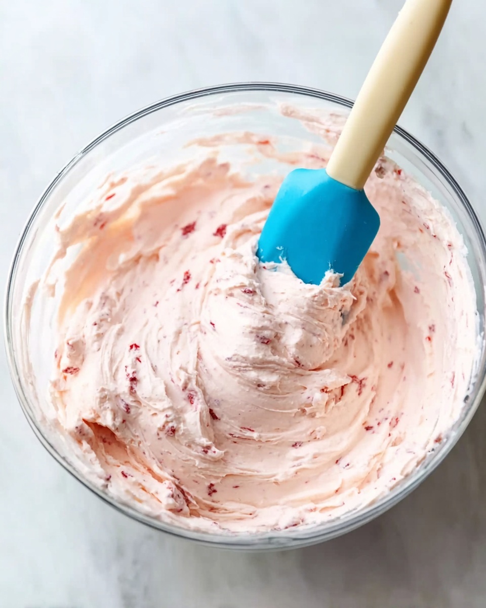 A clear glass bowl holds a thick, creamy mixture that is light pink with small pieces of red throughout. A blue spatula with a beige handle is partially lifted out of the mixture, showing the smooth and fluffy texture of the pink cream. The bowl is placed on a white marbled surface. photo taken with an iphone --ar 4:5 --v 7
