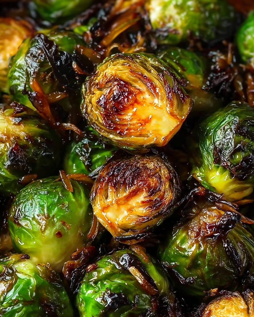 A close-up of roasted Brussels sprouts, showing about two layers of the vegetable. The outer layer is dark green with a shiny, slightly crispy, and caramelized texture with blackened edges. The inner layer reveals a golden brown, charred surface with caramelized highlights, adding a rich contrast to the green outer leaves. Small bits of cooked onions and a glossy, dark sauce are scattered throughout, giving a shiny appearance. The photo is taken with an iphone --ar 4:5 --v 7