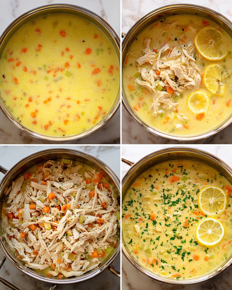 A stainless steel pot holds a creamy yellow soup with visible chunks of orange carrots and light green celery evenly distributed in the first image, creating a smooth textured base layer. In the second image, shredded pieces of cooked light brown chicken are piled roughly in the middle, resting on top of the vegetable soup layer. The final image shows the soup combined with the chicken, garnished with finely chopped green herbs sprinkled throughout and two lemon wedges placed on top, adding bright yellow and fresh green touches to the mixed creamy soup. The pot is placed on a white marbled surface. photo taken with an iphone --ar 4:5 --v 7
