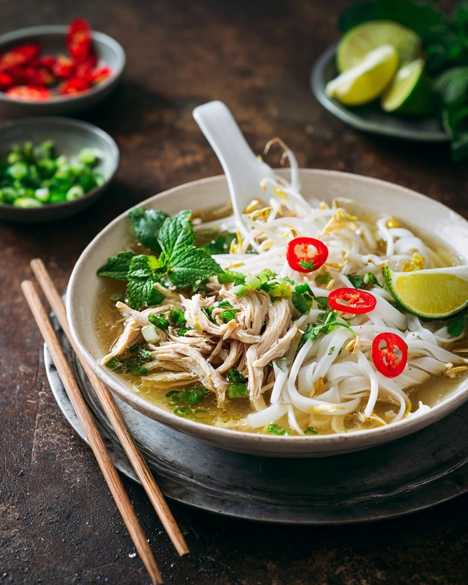 A shallow white bowl filled with clear broth holds a neat pile of smooth white rice noodles on the left side. To the right, light brown shredded chicken rests partially in the soup. Sprinkled on top are fresh bright green chopped scallions, red chili slices, and green mint and basil leaves. Near the chicken, two lime wedges sit on the edge of the bowl. Bean sprouts with pale white and yellow tones spread over the noodles and broth. A white spoon leans inside the bowl across the rim. The bowl is placed on a metal plate set on a dark rustic surface, with wooden chopsticks resting at the front. In the background, there are small bowls filled with lime wedges, green herbs, and more garnishes. Photo taken with an iphone --ar 4:5 --v 7