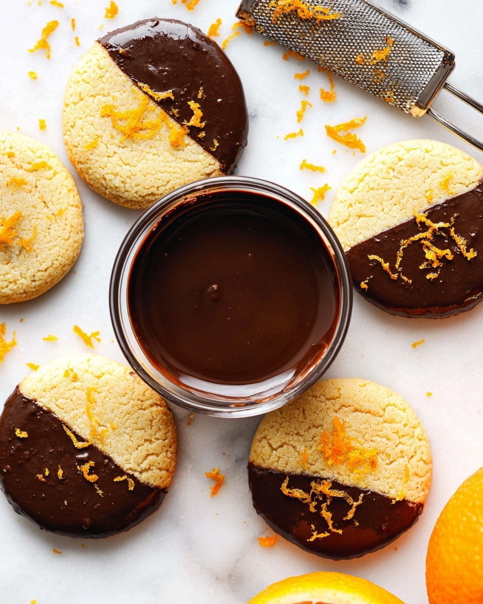 The image shows several round cookies placed on a white marbled surface, each half dipped in thick, shiny dark chocolate covering one side with a smooth texture, and the other half left as a light golden cookie with a slightly rough crumbly texture. Some small orange zest pieces are scattered on the chocolate and cookie sides, adding bright orange color and a bit of texture. In the center, there is a clear glass bowl filled with thick melted dark chocolate, with some chocolate marks on the rim. A metal grater with leftover orange zest is visible in the top right corner, and a whole orange is partially visible at the bottom right of the image. The overall setting is bright and clean with a focus on the contrast between the rich dark chocolate and light cookie. photo taken with an iphone --ar 4:5 --v 7