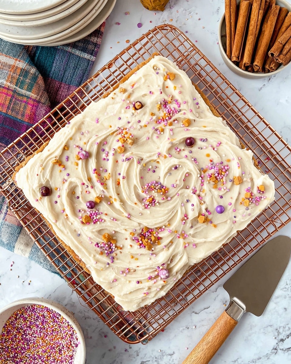 The image shows a square-shaped dessert bar on a copper cooling rack placed on a white marbled surface. The dessert has two visible layers: a light brown base layer, and on top, a thick, creamy off-white frosting spread unevenly with swirled texture. The frosting is decorated with colorful sprinkles in pink, purple, gold, and brown, plus small round candy pearls in similar colors scattered across the top. Nearby, there is a white bowl filled with more sprinkles, three cinnamon sticks to the top right, a plaid cloth to the bottom right, a spatula with a wooden handle resting on the rack, and a stack of white plates in the top left corner. photo taken with an iphone --ar 4:5 --v 7