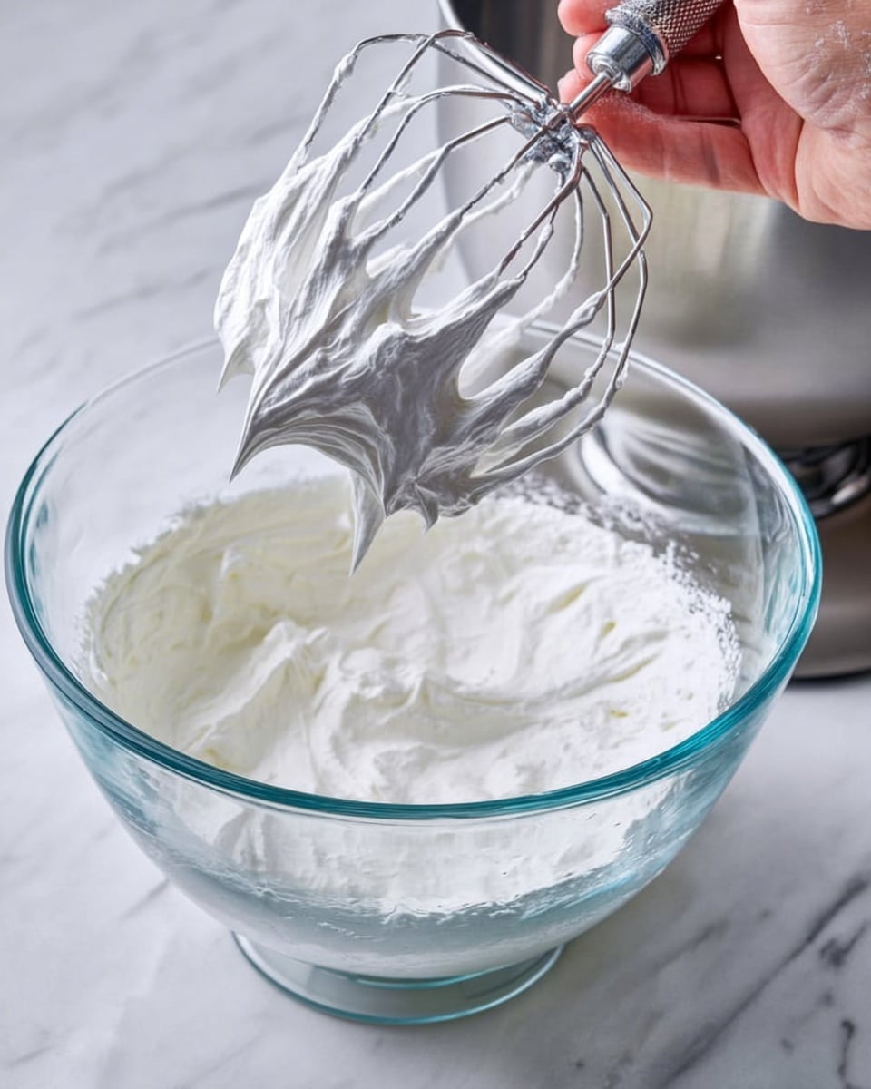 A clear glass bowl filled with thick, white whipped cream with a smooth, fluffy texture sits on a white marbled surface. Above the bowl, a woman's hand holds a silver whisk attachment from a mixer, coated evenly with the whipped cream, forming soft peaks that curve gently at the top. Some cream clings lightly to the sides of the bowl, adding depth to the rich white layers. The bowl is attached to a part of a silver stand mixer visible on the right side of the image, and the overall lighting highlights the creamy texture and bright white colors. photo taken with an iphone --ar 4:5 --v 7