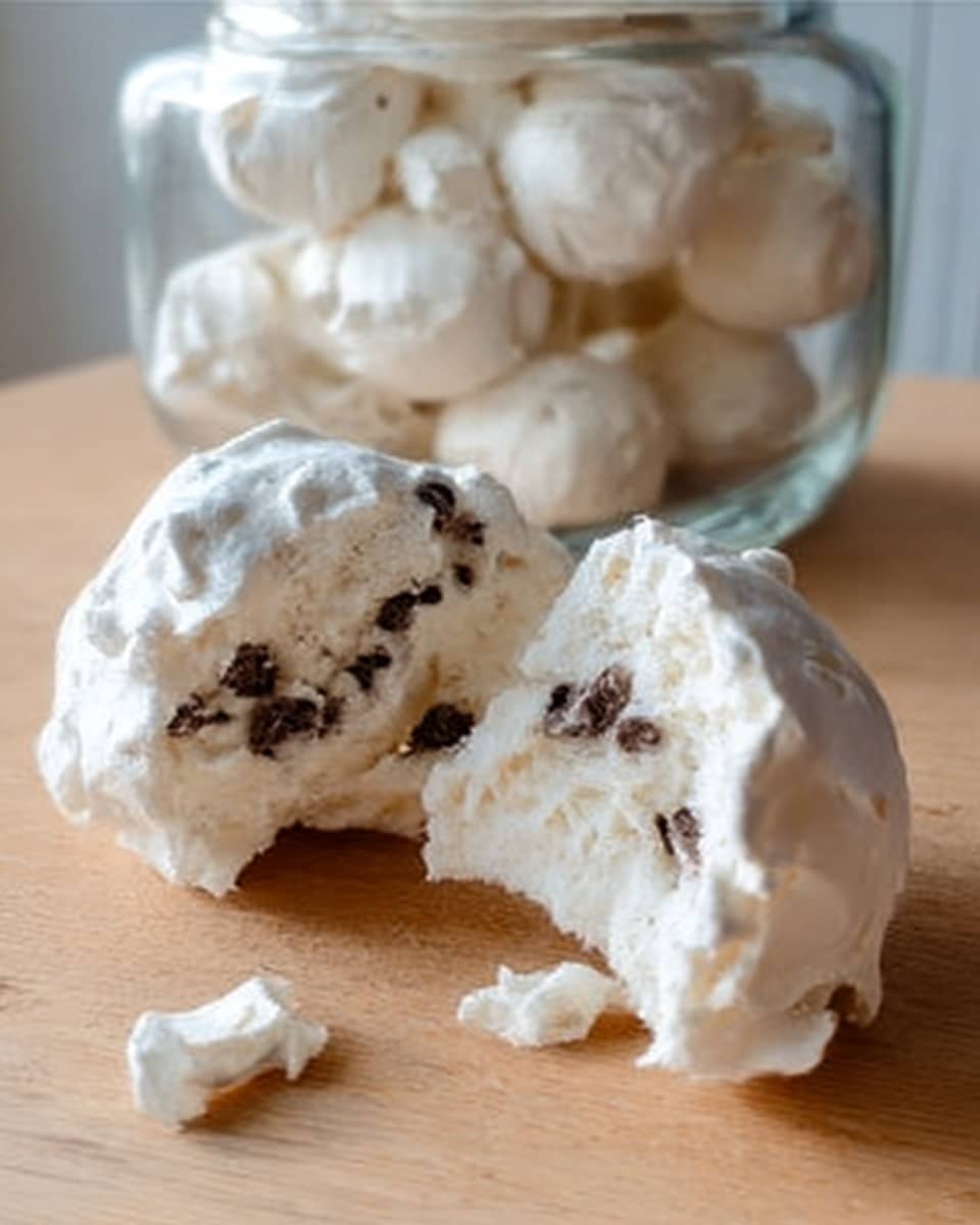 The image shows a close-up of two white meringue cookies with a rough, cracked texture. One meringue is whole, showing a puffy and uneven surface, while the other is broken in half, revealing a crunchy inside with small bits of dark chocolate chips scattered throughout. Both pieces rest on a light wooden surface. In the background, there is a clear glass jar filled with more meringues, softly blurred. The whole scene is simple and bright. Photo taken with an iphone --ar 4:5 --v 7