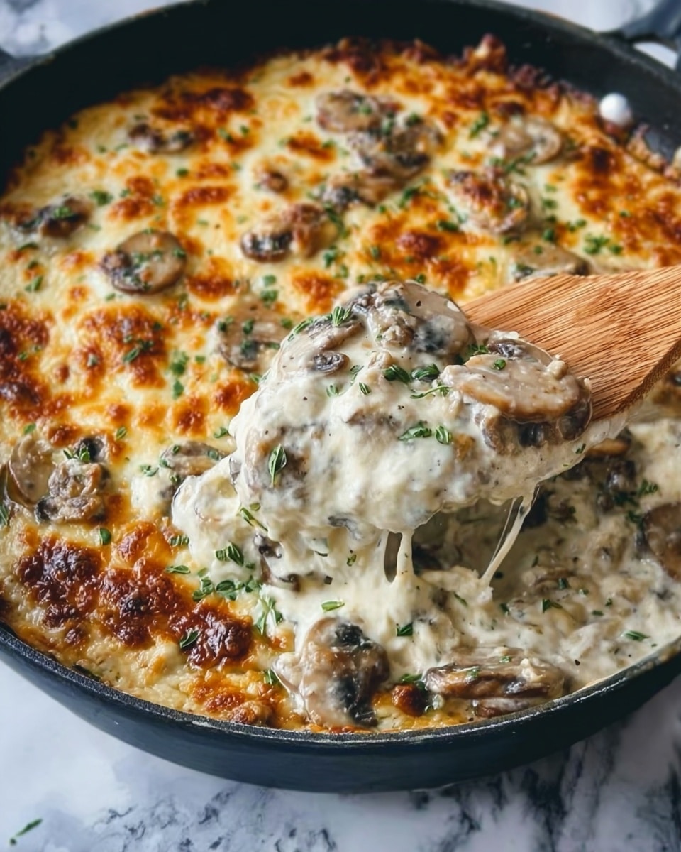 A black pan filled with a cheesy mushroom dish where the top layer is melted golden cheese with brown spots and scattered small green herbs. Below this layer, you can see creamy, white melted cheese mixed with pieces of mushroom. The mushrooms are grayish-brown and sliced, spread evenly among the cheese. A wooden spatula lifts a scoop of the melted cheese and mushrooms, showing the creamy texture underneath. The pan sits on a white marbled surface. Photo taken with an iphone --ar 4:5 --v 7